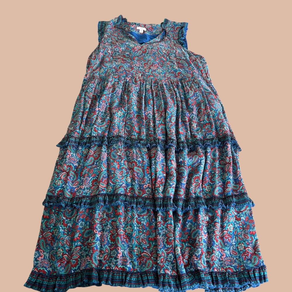J. Jill Tiered Sundress Womens PL Multicolor Lined Paisley Boho Pleated Ruffle
